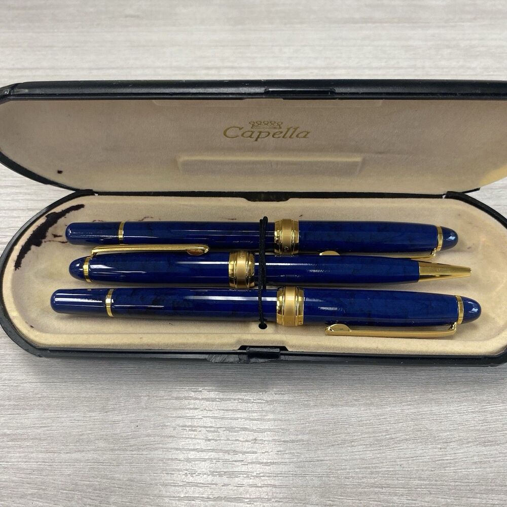 Vintage Capella 3 Piece Blue Marbleized Pen & Calligraphy Set With Box